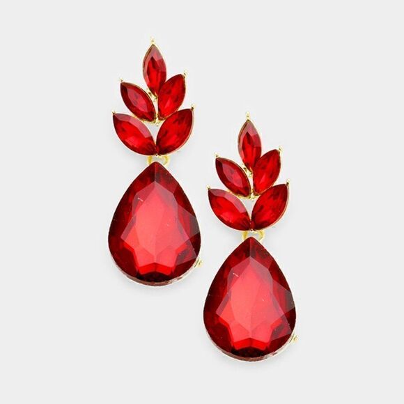 Marquise Red Crystal Cluster Teardrop Earrings - Picture 3 of 5